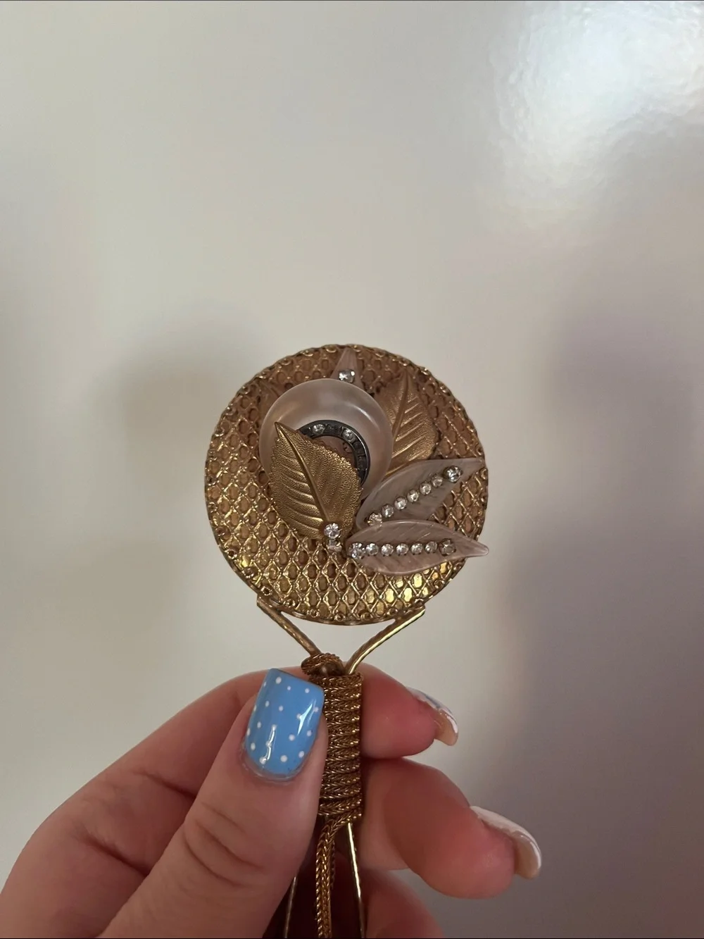 Mini Gold-Tone Floral Drop Mirror with Rhinestone Accents